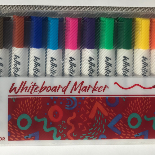 Package of 12 Dry Erase Markers. 12 different colours including Black, Chocolate Brown, Light Brown, Royal Blue, Light Blue, Pink, Purple, Spring Green, Forest Green, Yellow, Orange and Red